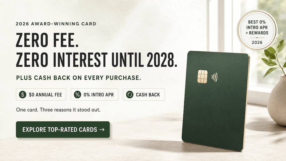 Dark green credit card next to promotional text