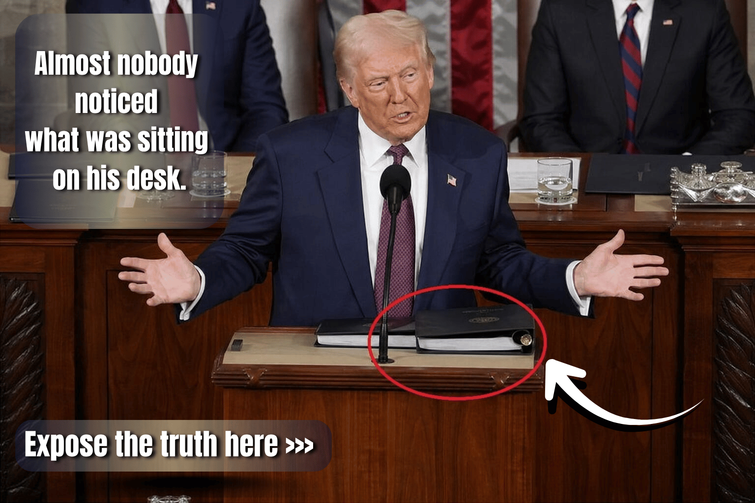 Donald Trump speaking at a podium with binders