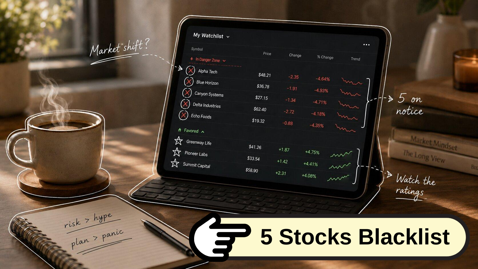 Tablet with stocks, coffee, and a notebook