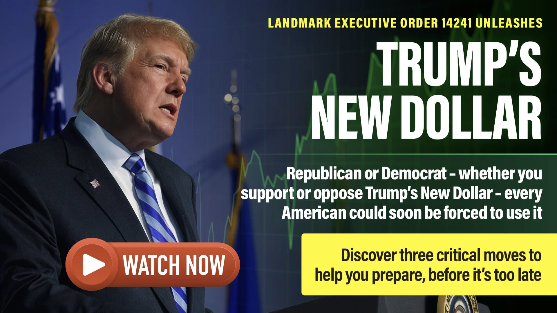 Donald Trump next to financial text