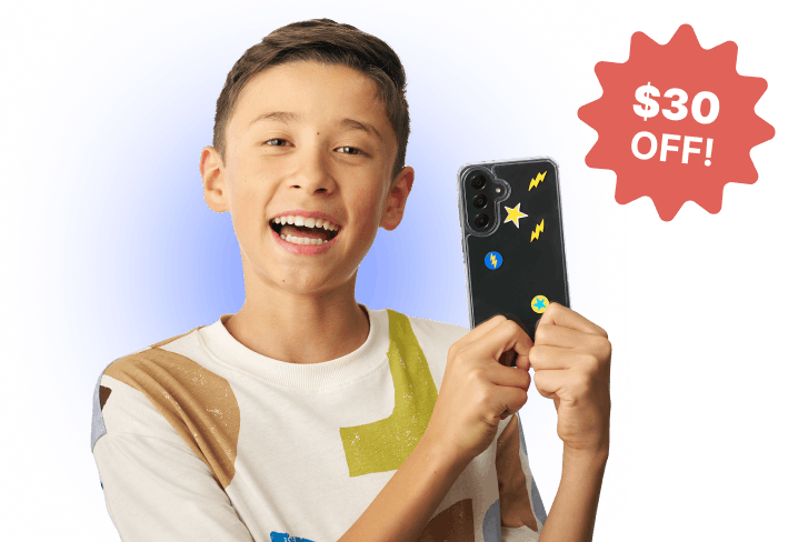 Image of boy holding up Bark Phone with badge reading $30 off