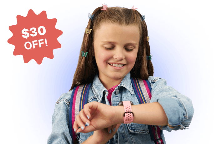 Image of girl looking at Bark Watch with badge reading $30 off