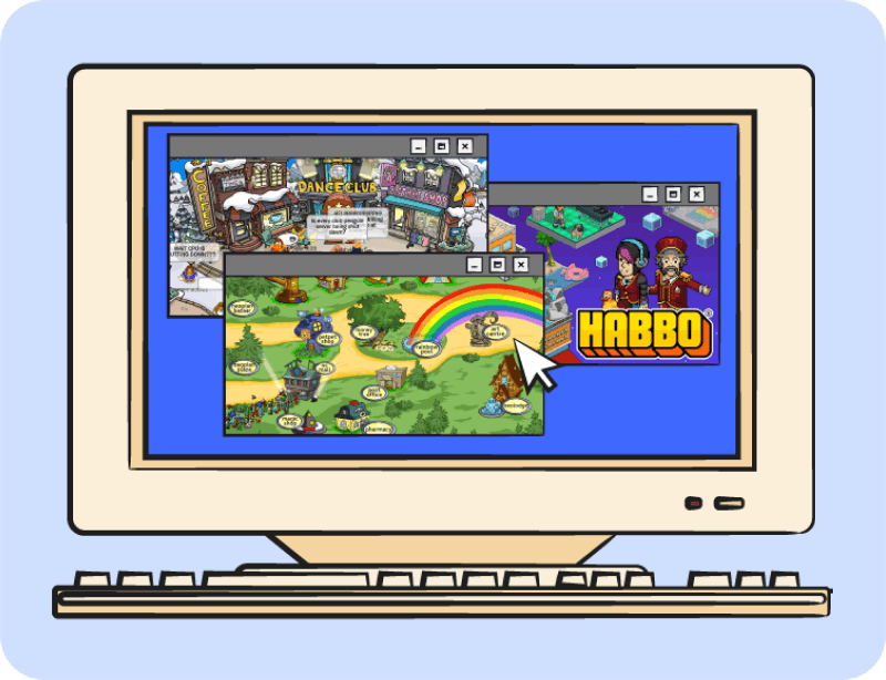 Illustrated image of computer with nostalgic apps on screen