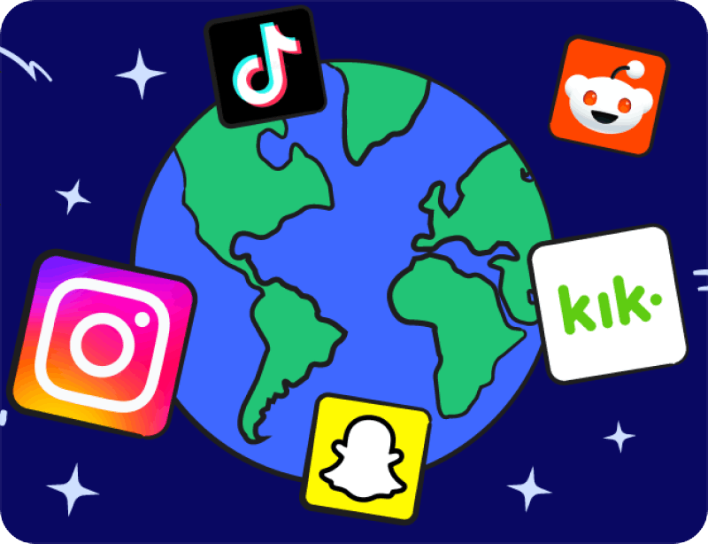 Illustrated image of the earth with social media icons in foreground