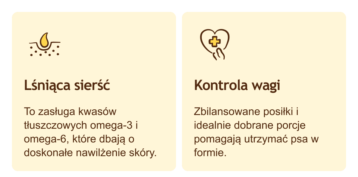 Lśniąca sierść: To zasługa kwasów tłuszczowych omega-3 i omega-6, które dbają o doskonałe nawilżenie skóry. • Kontrola wagi: Zbilansowane posiłki i idealnie dobrane porcje pomagają utrzymać psa w formie.