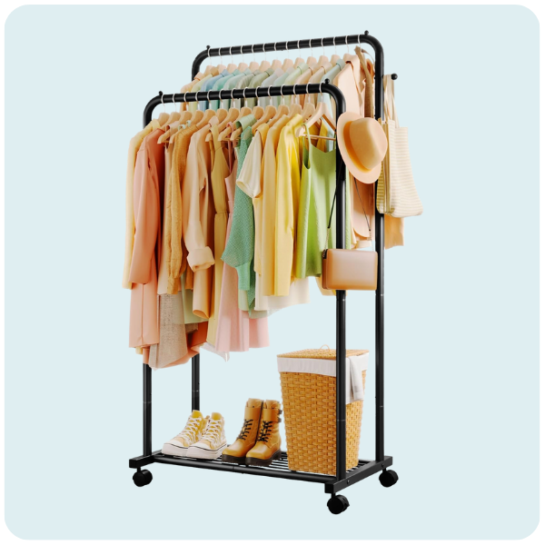 Sakugi Clothes Rack - Double Rods Clothing Rack with Mesh Shelf, Hooks & Wheels, Metal Clothing Racks for Hanging Clothes & Bags, Multifunctional...