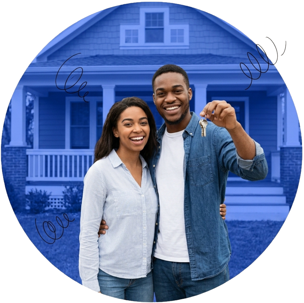 Young couple holding keys in front of a house