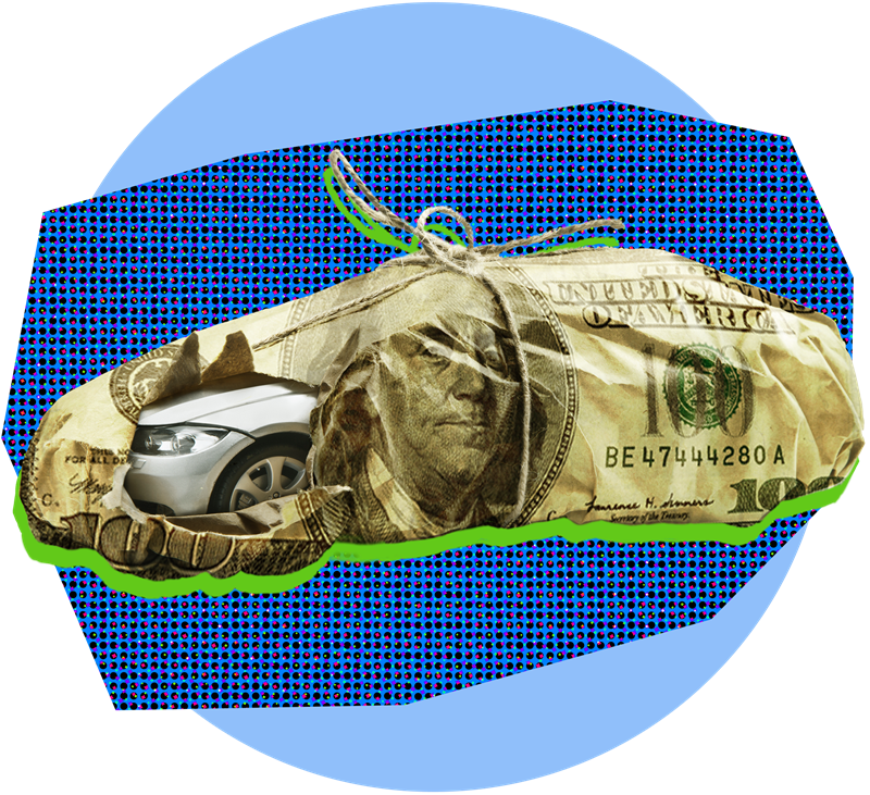 Car covered in a giant $100 bill
