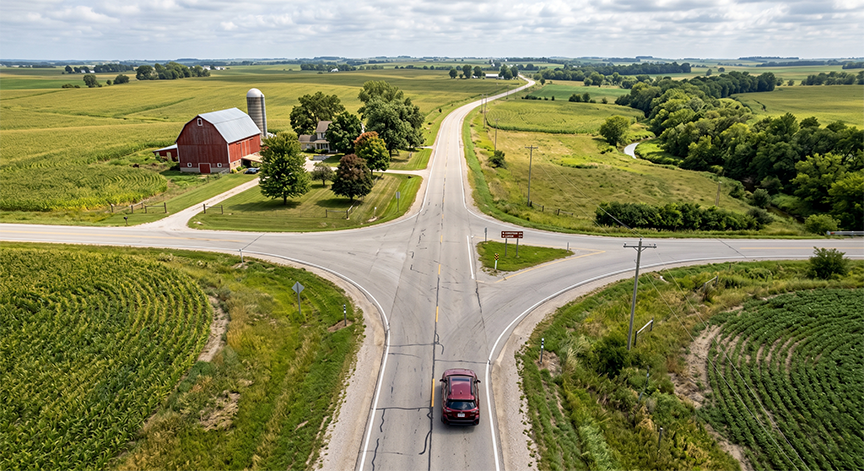 Overhead/drone-style shot of a single car at a Y-shaped rural road split. Americana backdrop — fields, barn, etc
