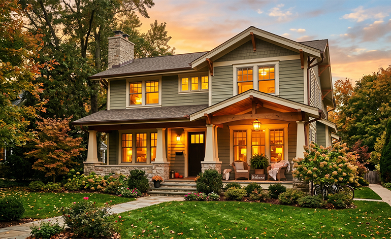 A classic American home (craftsman or colonial) shot at golden hour from a slight low angle. 