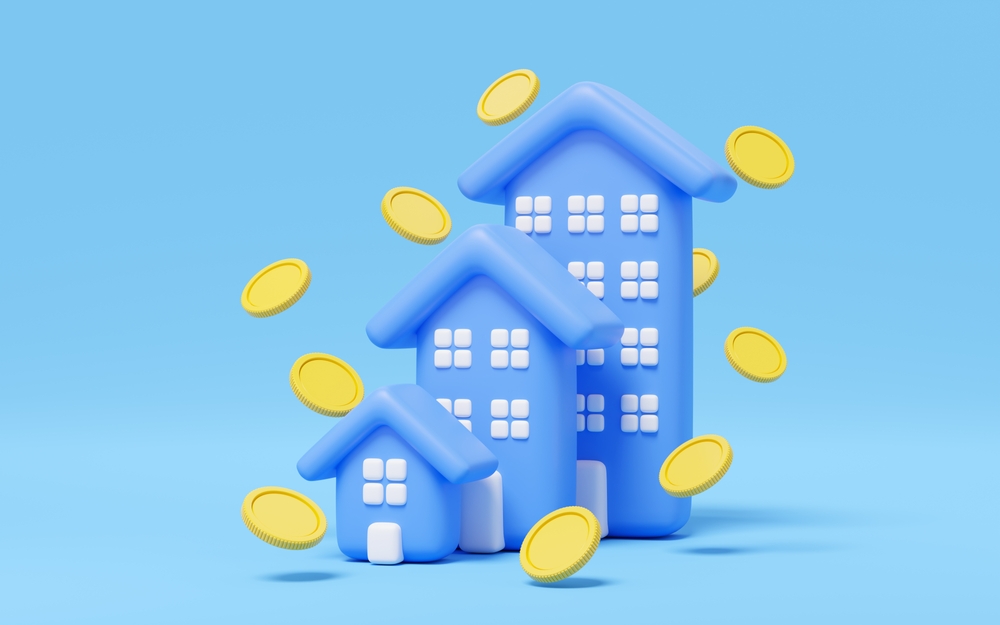 3D image of three homes increasing in height, surrounded by gold coins