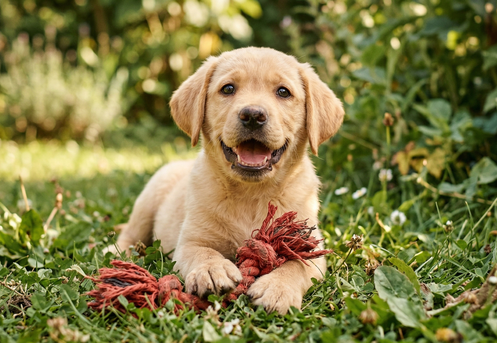 Lab puppy playing with a rope