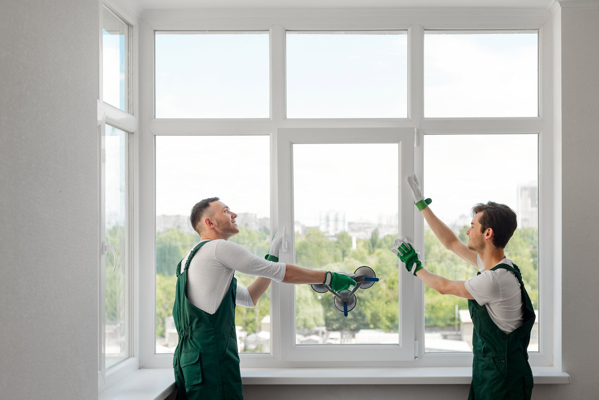 two workers in green overalls installing a window