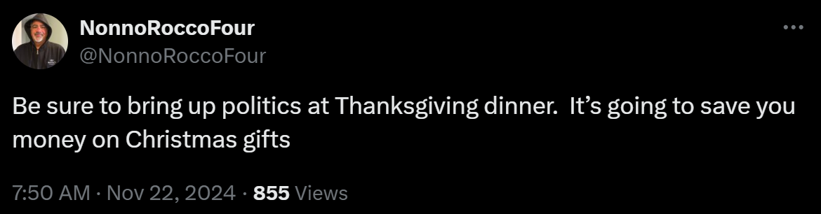 Be sure to bring up politics at Thanksgiving dinner. It’s going to save you money on Christmas gifts