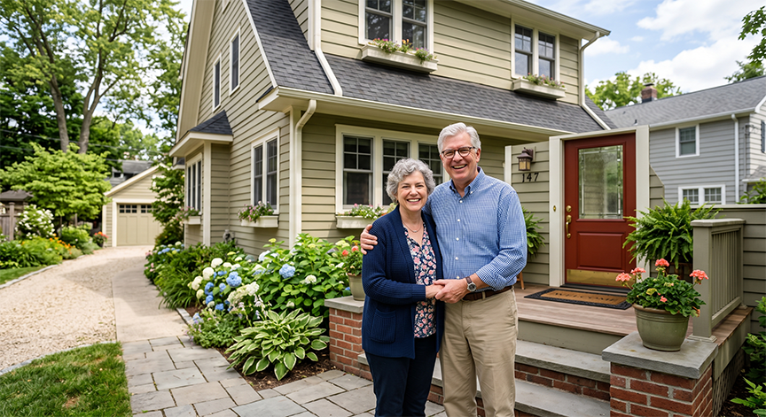 Older couple standing outside of a nice house