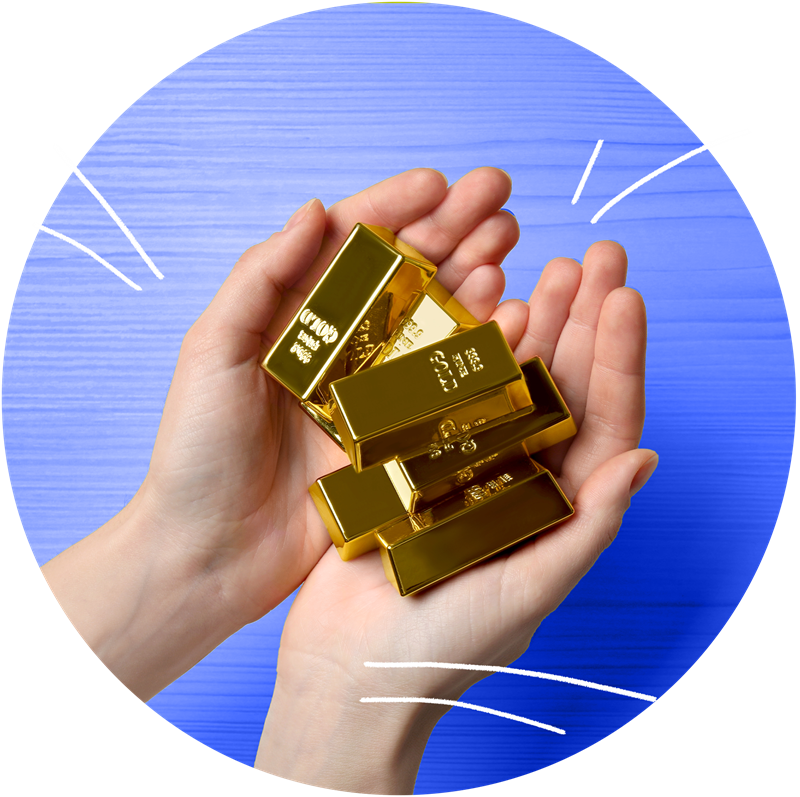 Hands holding a bunch of tiny gold bars