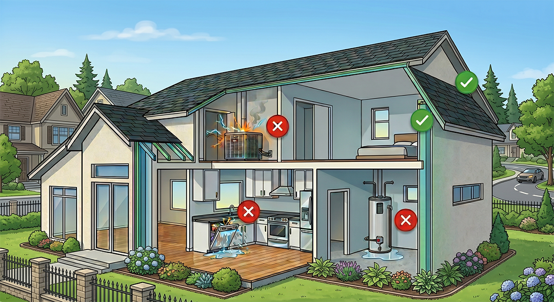 Diagram of a house showing what is and is not covered by home insurance