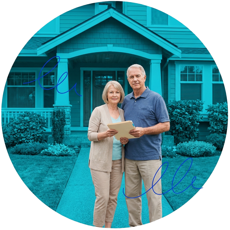 Older man and woman standing in front of a house