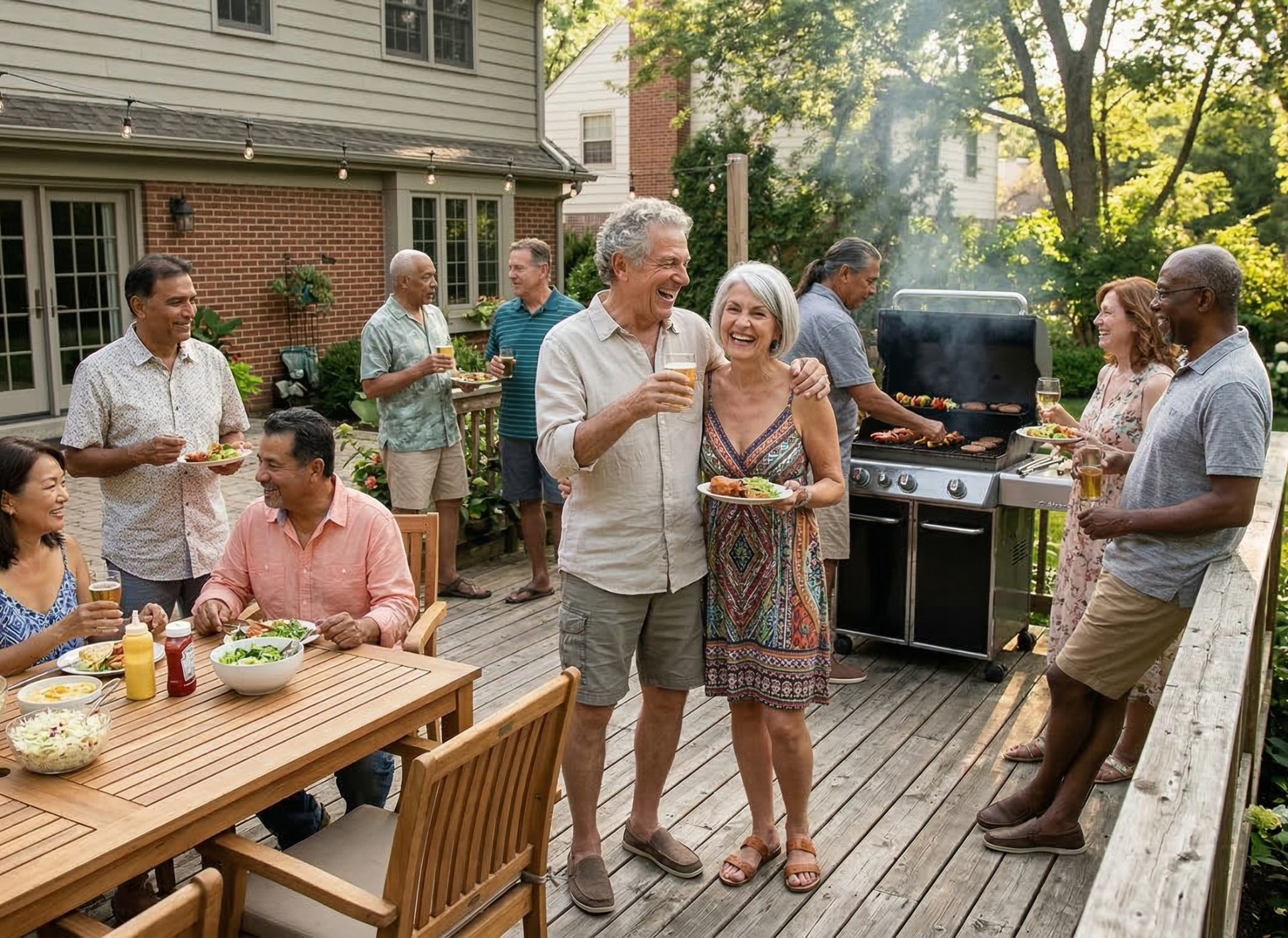 A group of older folks having a barbecue on the back deck of a house