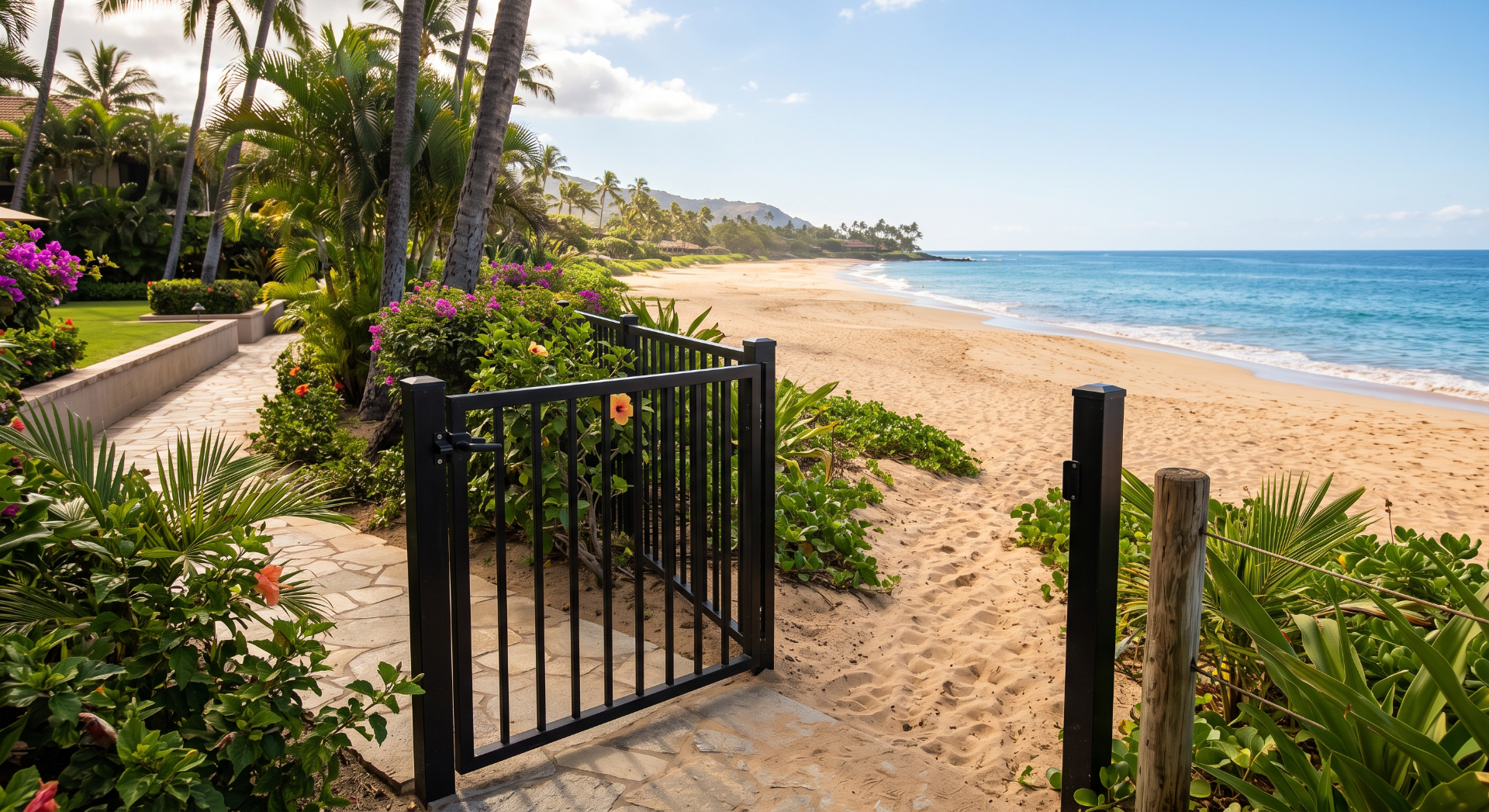 Open resort gate leading out to an empty beach
