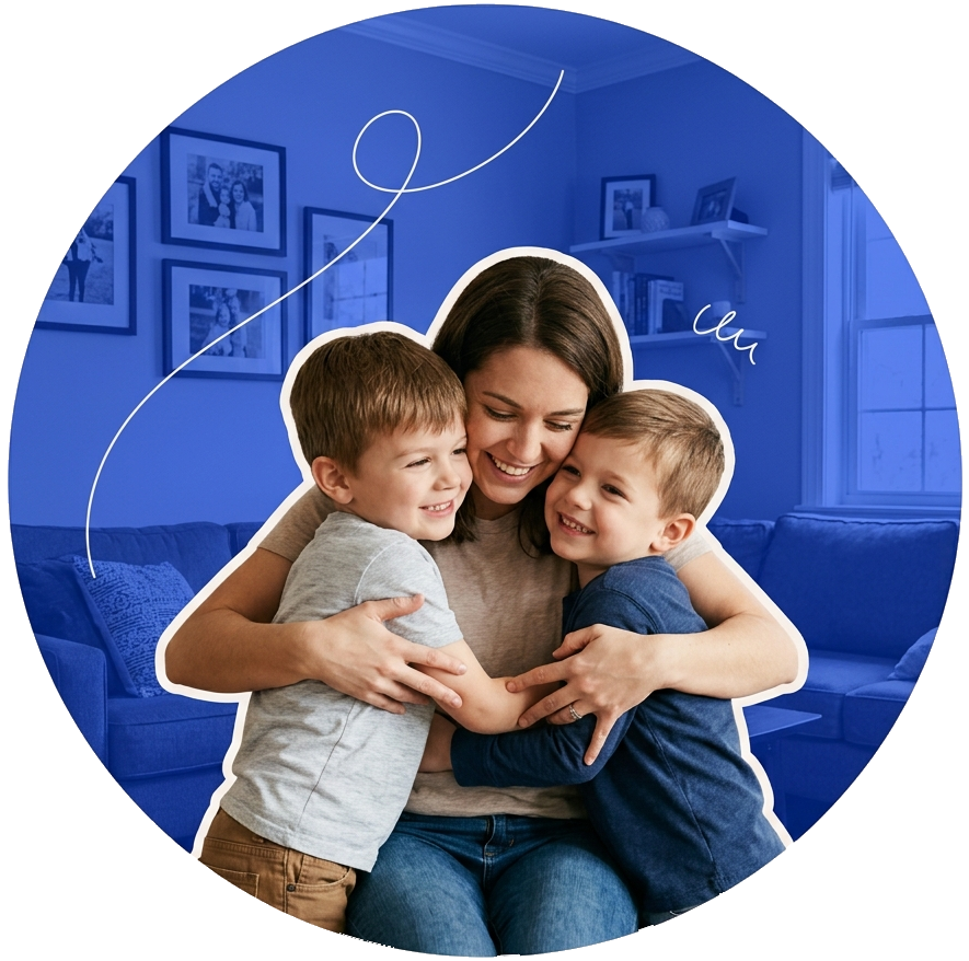 Woman hugging her children