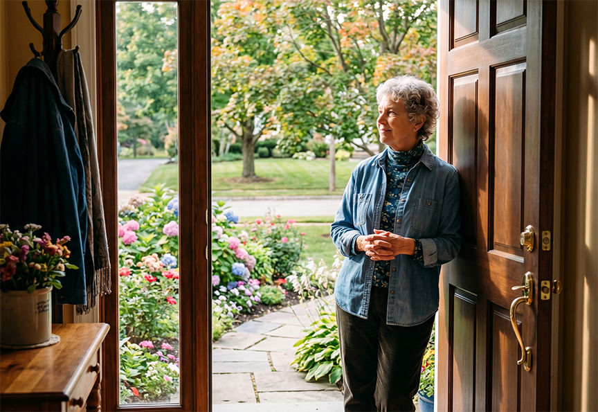 Older woman leaning against her open front door with a floral front yard visible in the background