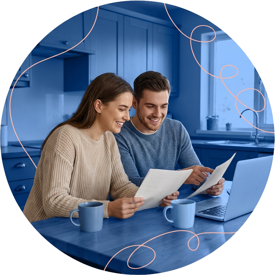 Man and woman reading documents and smiling