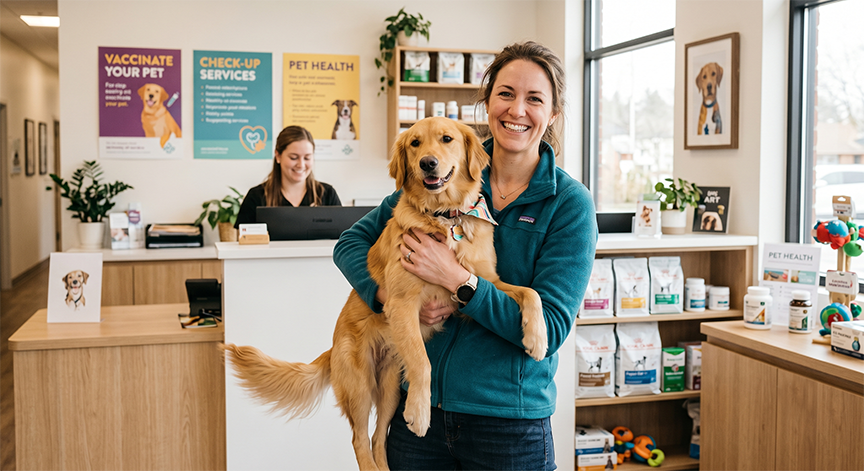 happy lady leaving vet carrying her golden retriever 