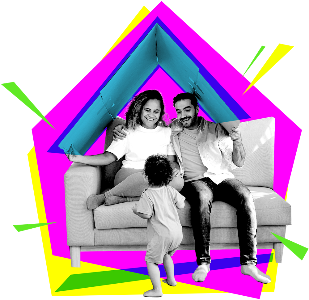 Man and woman on a couch playing with their young child