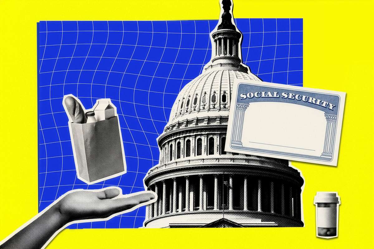 Social Security card, Capitol Hill, groceries and a pill bottle