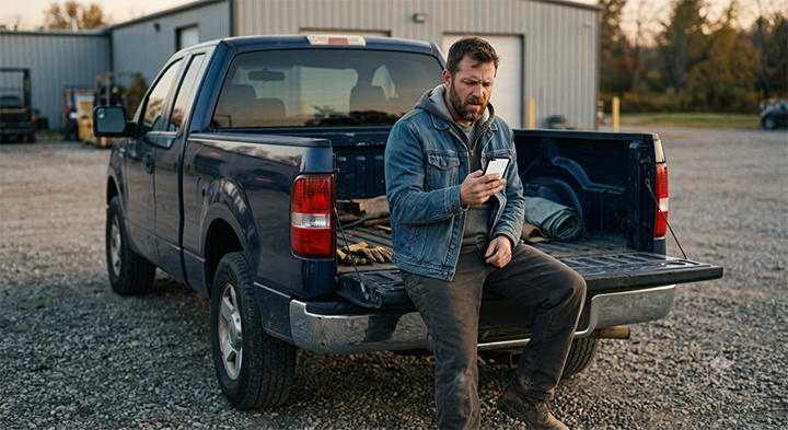 Man sitting in the bed of his truck looking at his phone with a confused expression