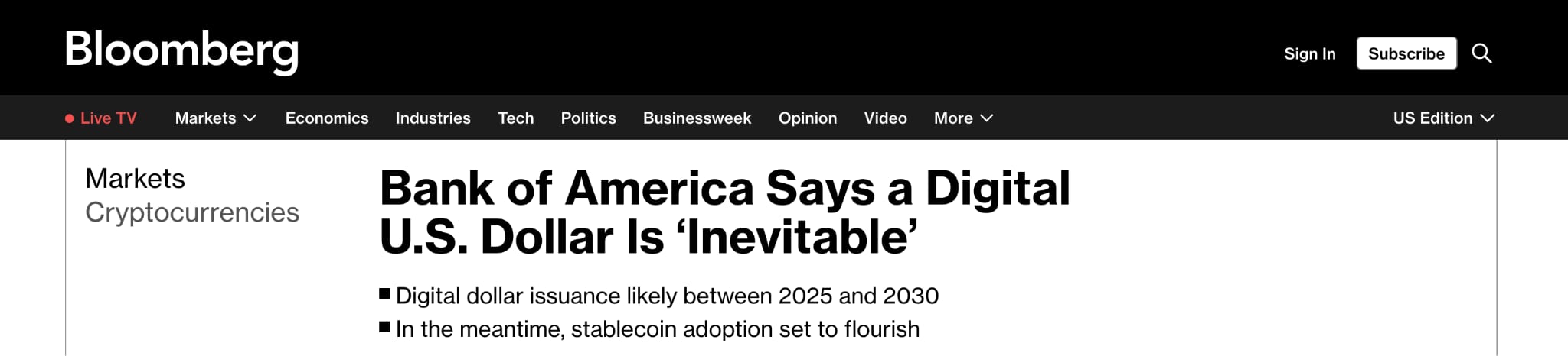 Screenshot of Bloomberg news article headline