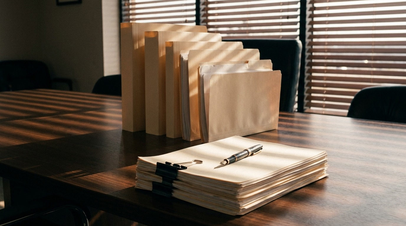 A signed document stack beside folders arranged in descending height, illustrating a share class preference stack