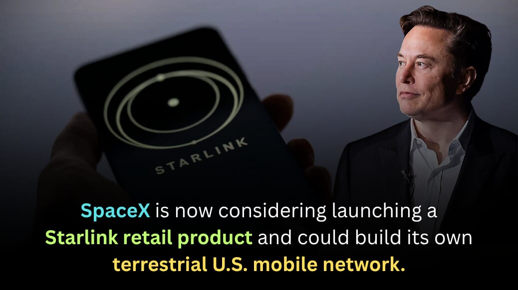 Elon Musk beside phone showing Starlink logo