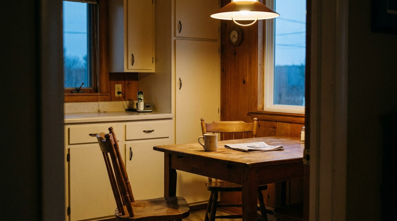 An empty kitchen at dusk with a chair pushed back from the table, illustrating where most cardiac arrests occur