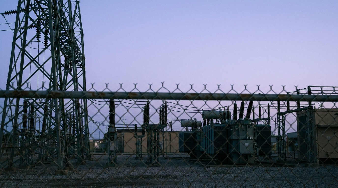 An electrical substation seen through a perimeter fence beneath open sky, illustrating unprotected low-altitude airspace