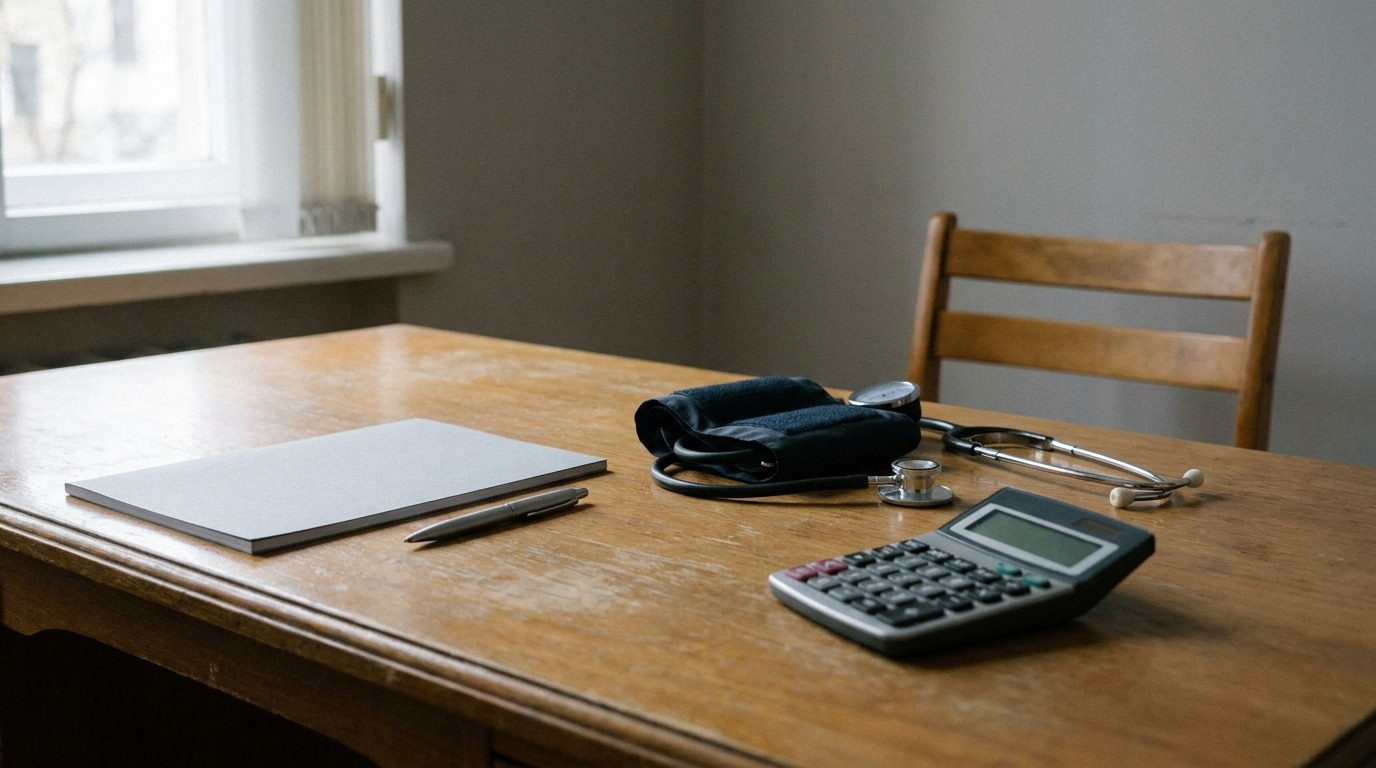 A consulting room desk with a blank prescription pad, blood pressure cuff and calculator, illustrating the arithmetic behind a prescription