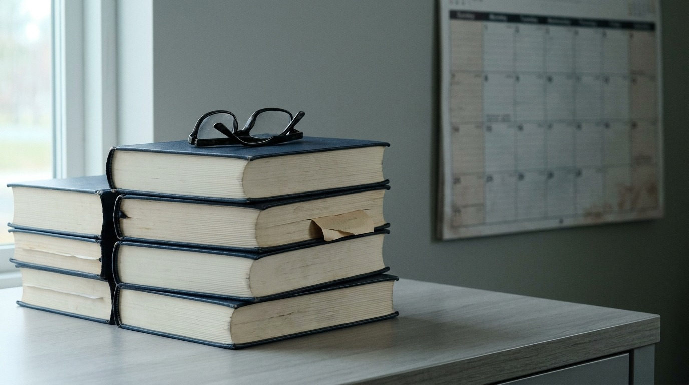A stack of bound rulemaking volumes beside a wall calendar, illustrating phased compliance timetables