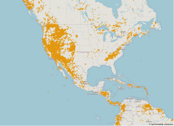 Map of North and South America with orange dots