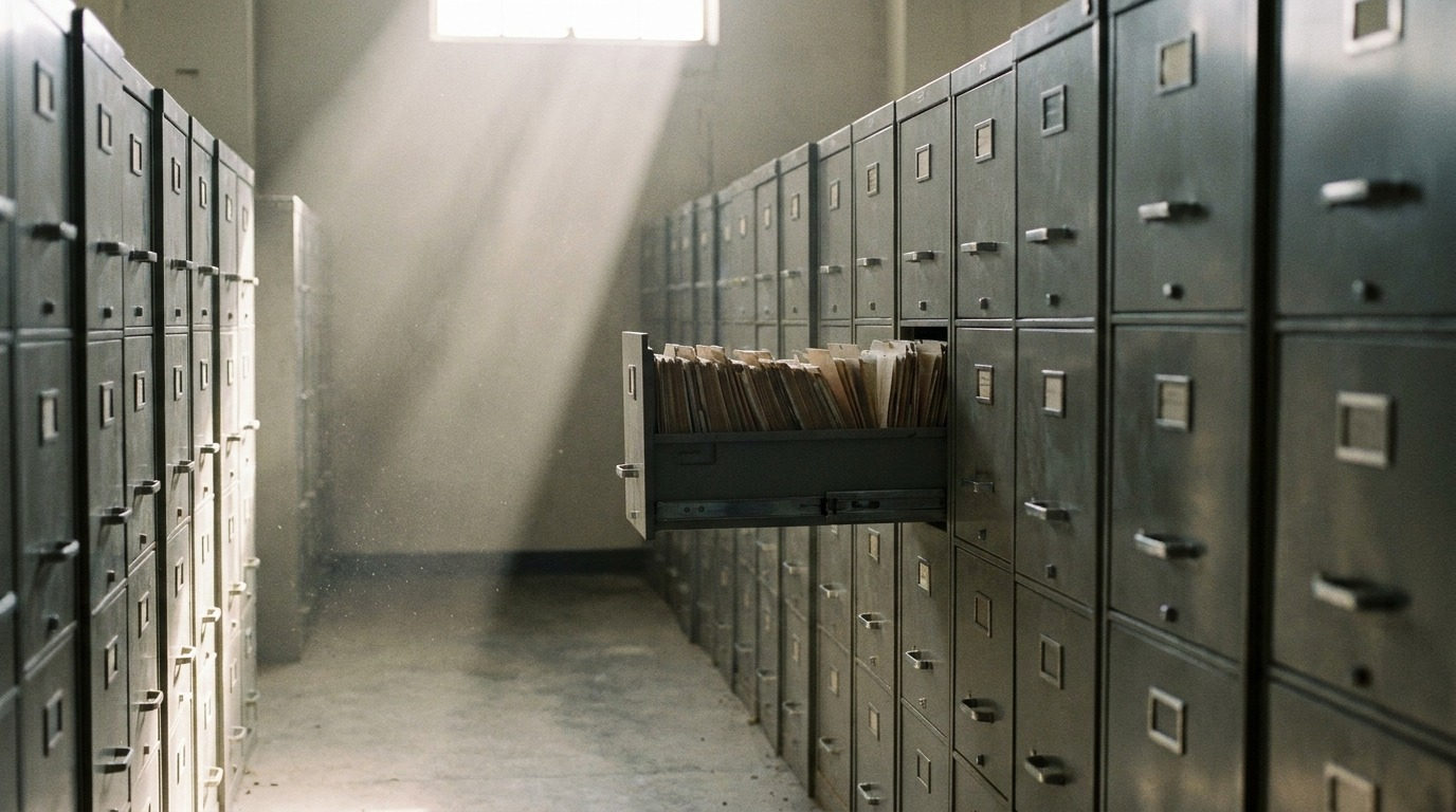 An institutional records room with one filing drawer open in a shaft of light, illustrating archived disclosure filings