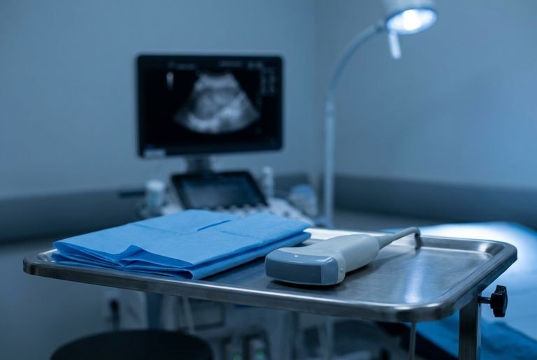 Ultrasound probe on tray