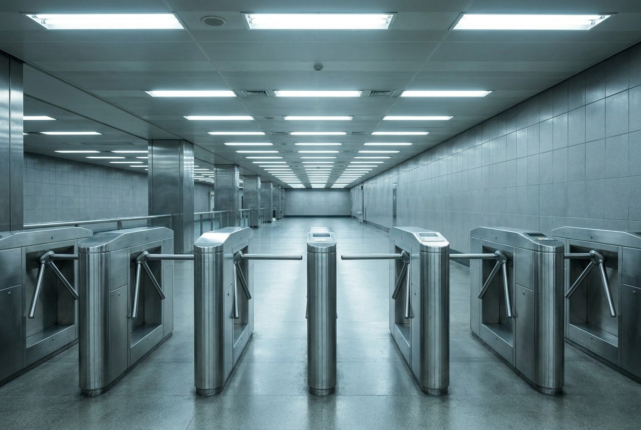Row of metal turnstiles
