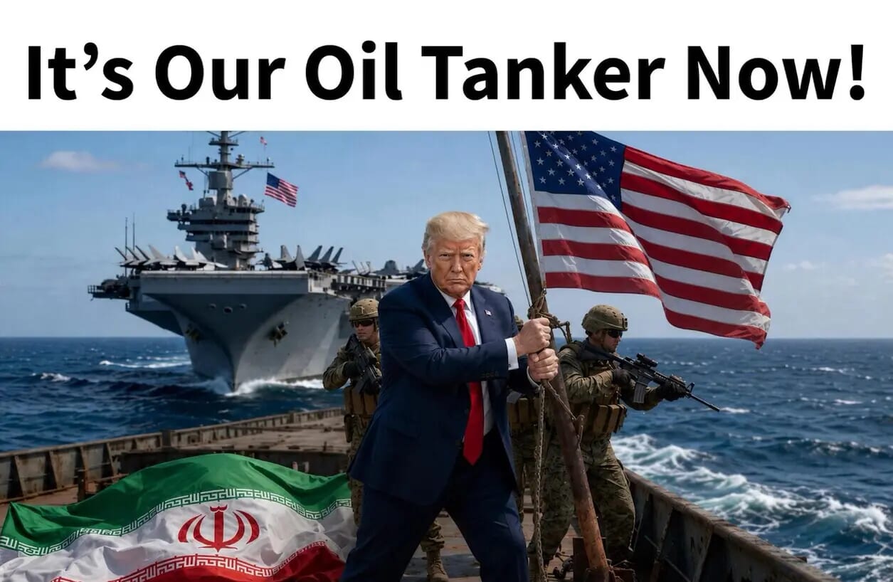 Donald Trump holding American flag on a ship
