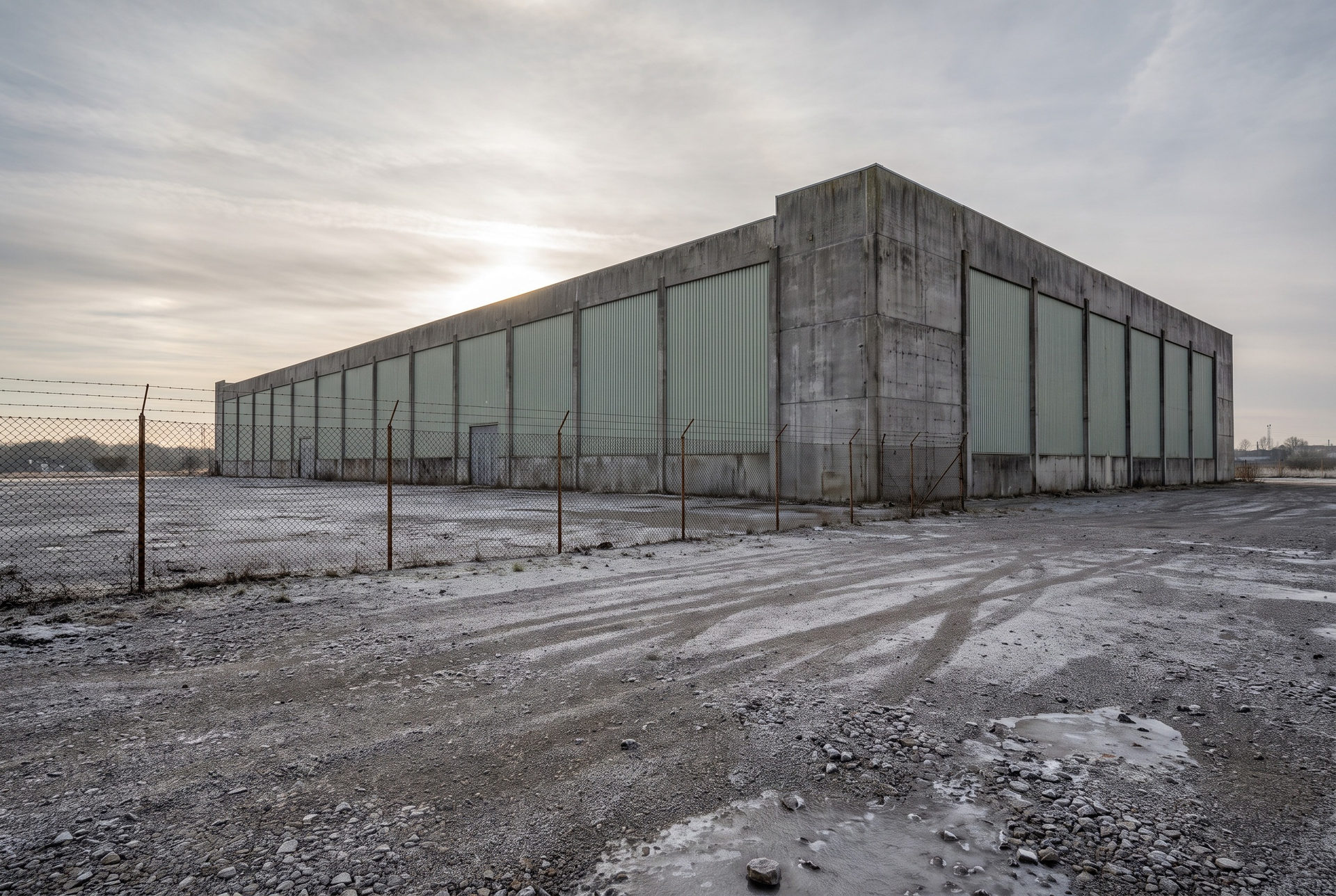 Windowless warehouse behind fence