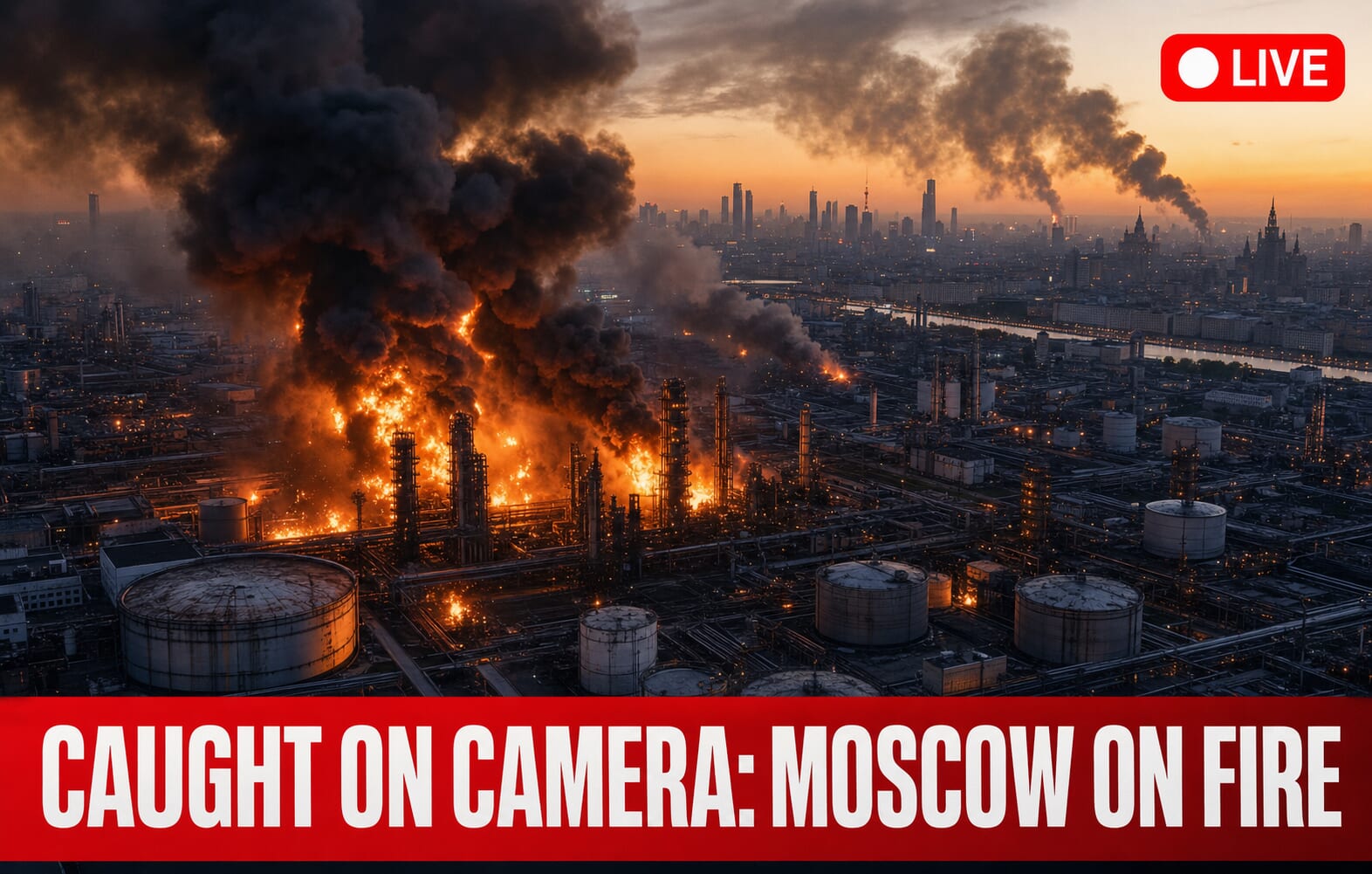 Burning industrial facility near city skyline