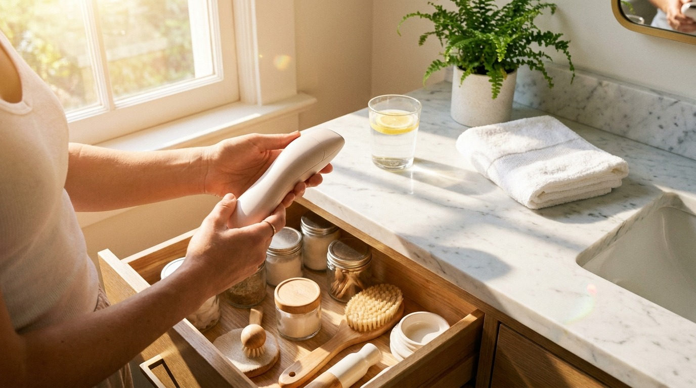 Hands holding an unbranded skincare device at a sunlit bathroom vanity, illustrating consumer devices sold without proof of effect