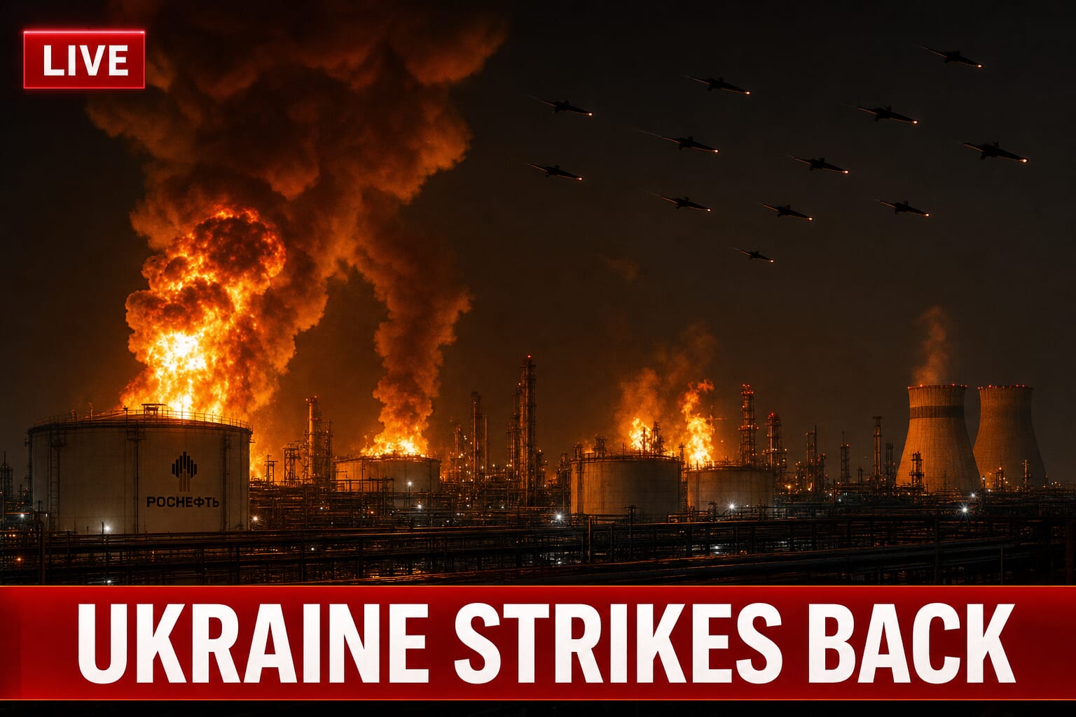 Burning oil refinery with drones in sky