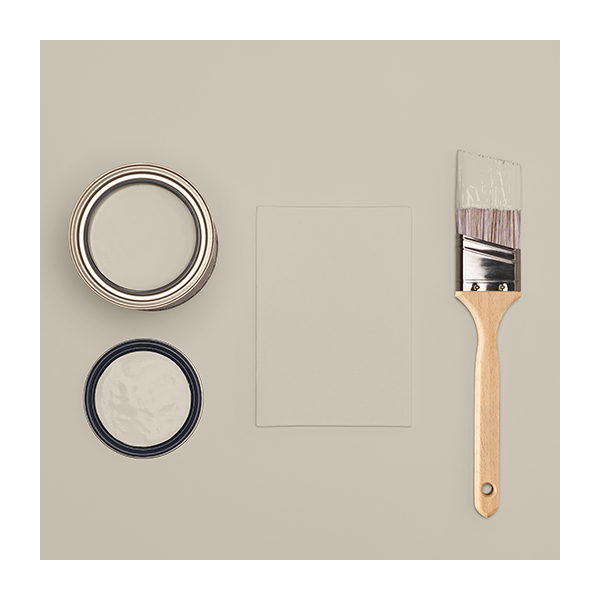 A paintbrush and an open can of paint against a Revere Pewter HC-172 surface.