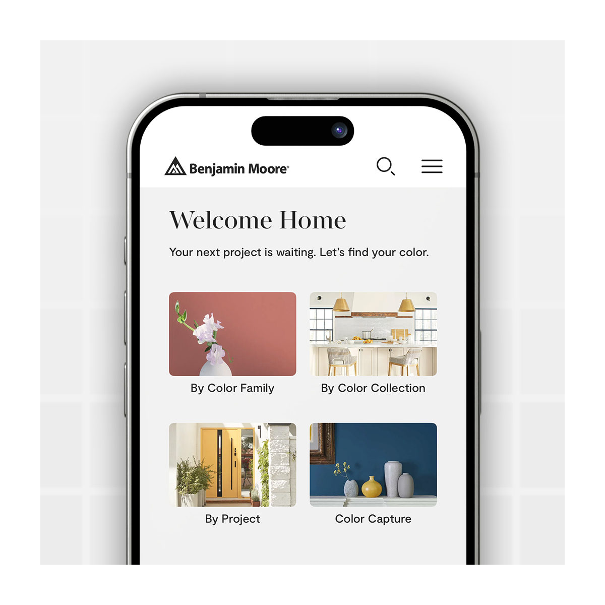 A screenshot of the Benjamin Moore Color Portfolio App home screen.