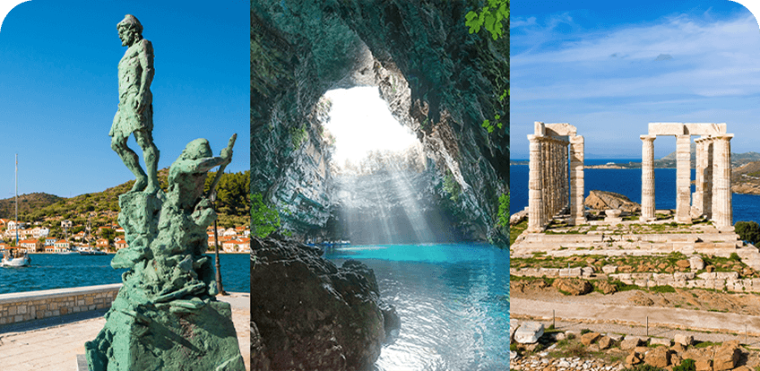 Bronze statue of Odysseus overlooking Ithaca&rsquo;s harbor, sunlight streaming into Kefalonia&rsquo;s Melissani Cave, and ancient Greek temple ruins on the coast